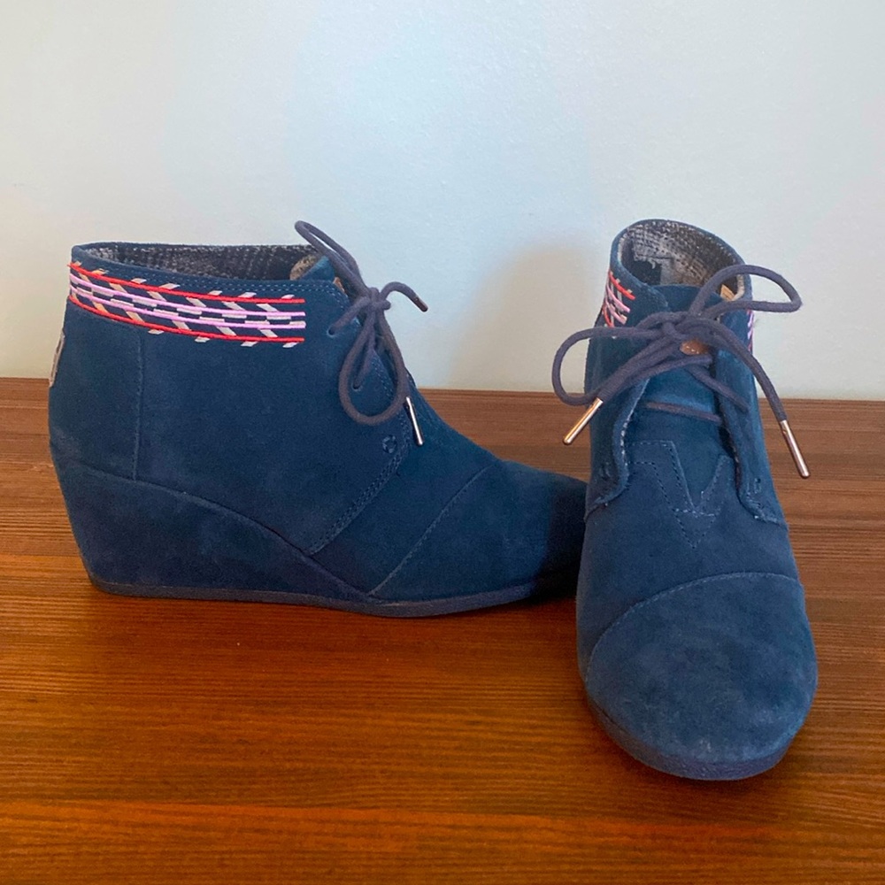 TOMS blue suede wedge booties